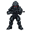 humanoid figure futuristic armored with guncombat pose aggressive stance holding weapon darker accents hooded head clawed hands it has a complex, mechanical design with articulated limbs and body suit various metallic tones aiming rifle directly at viewer