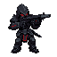 armored soldier aiming rifle directly at viewer, barrel centered. dark metal/black armor, crimson accents, hooded head, glowing red eyes, clawed hands. articulated limbs, mechanical detailsaims straight 