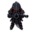 armored soldier aiming rifle directly at viewer, barrel centered. dark metal/black armor, crimson accents, hooded head, glowing red eyes, clawed hands. articulated limbs, top view
