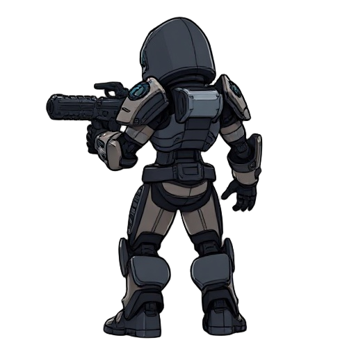 humanoid figure futuristic armored with guncombat pose aggressive stance holding weapon darker accents hooded head clawed hands it has a complex, mechanical design with articulated limbs and body suit various metallic tones rear view