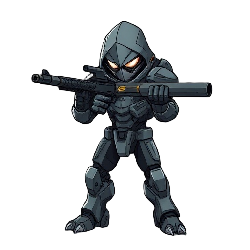 humanoid figure futuristic armored with guncombat pose aggressive stance holding weapon darker accents hooded head clawed hands it has a complex, mechanical design with articulated limbs and a body suit of various metallic tones aiming rifle directly at v