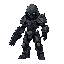 humanoid figure futuristic armored with guncombat pose aggressive stance holding weapon darker accents hooded head clawed hands it has a complex, mechanical design with articulated limbs and a body suit of various metallic tones weapon in two hands straig