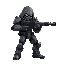 humanoid figure futuristic armored with guncombat pose aggressive stance holding weapon darker accents hooded head clawed hands it has a complex, mechanical design with articulated limbs and body suit various metallic tones aiming rifle directly at viewer