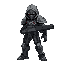 humanoid figure futuristic armored with guncombat pose aggressive stance holding weapon darker accents hooded head clawed hands it has a complex, mechanical design with articulated limbs and a body suit of various metallic tones top view