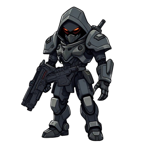 humanoid figure futuristic armored with guncombat pose aggressive stance holding weapon darker accents hooded head clawed hands it has a complex, mechanical design with articulated limbs and a body suit of various metallic tones