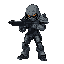 humanoid figure futuristic armored with guncombat pose aggressive stance holding weapon darker accents hooded head clawed hands it has a complex, mechanical design with articulated limbs and body suit various metallic tones aiming rifle directly at viewer