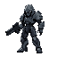 humanoid figure futuristic armored with guncombat pose aggressive stance holding weapon darker accents hooded head clawed hands it has a complex, mechanical design with articulated limbs and a body suit of various metallic tones