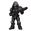 humanoid figure futuristic armored with guncombat pose aggressive stance holding weapon darker accents hooded head clawed hands it has a complex, mechanical design with articulated limbs and a body suit of various metallic tones weapon in two hands straig