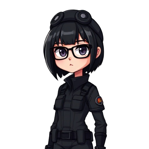 cyberpunk girl, black hair, glasses, black special forces uniform, berets, a beautiful serious female face