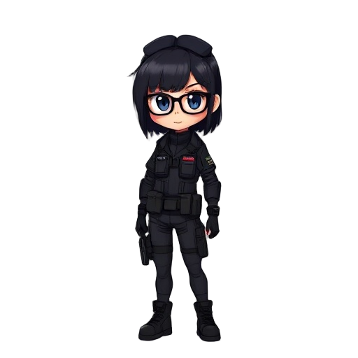 cyberpunk girl, black hair, glasses, black special forces uniform, berets