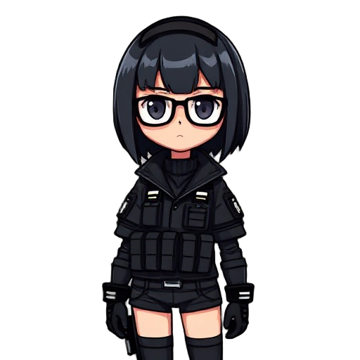 cyberpunk girl, black hair, glasses, black special forces uniform, berets