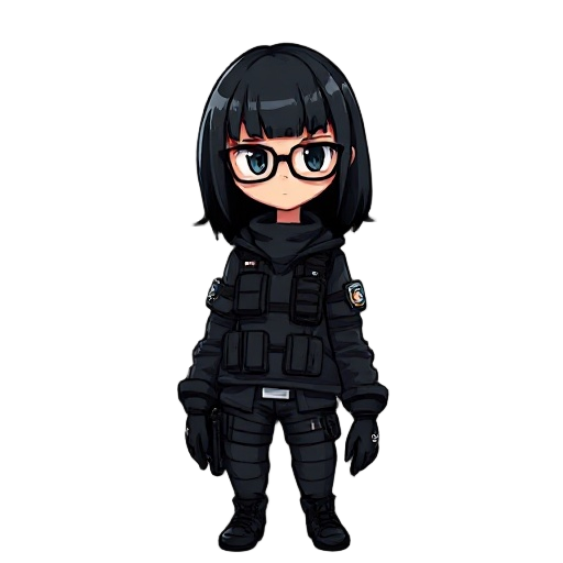 cyberpunk girl, black hair, glasses, black special forces uniform, berets