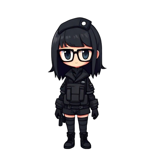 cyberpunk girl, black hair, glasses, black special forces uniform, berets