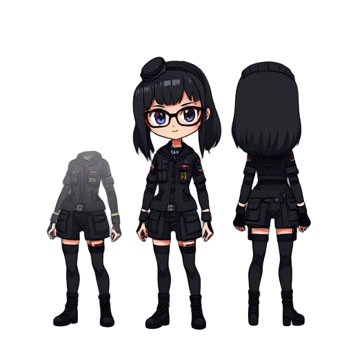 cyberpunk girl, black hair, glasses, black special forces uniform, berets, a beautiful face