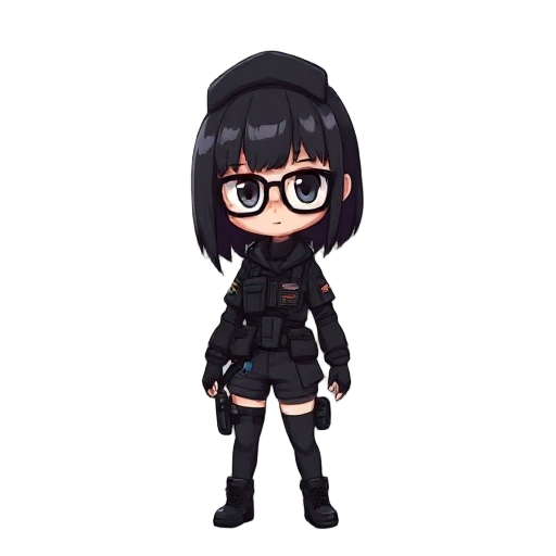cyberpunk girl, black hair, glasses, black special forces uniform, berets