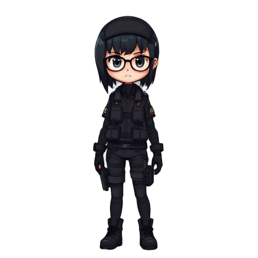 cyberpunk girl, black hair, glasses, black special forces uniform, berets
