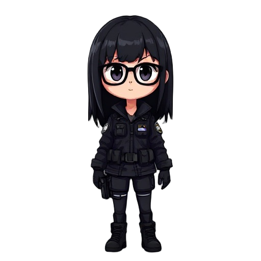 cyberpunk girl, black hair, glasses, black special forces uniform, berets