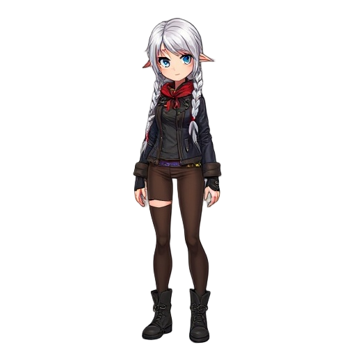 female with white hair with two long braids wrapped with a red ribbon, leather jacket,torn brown leggings, high boots