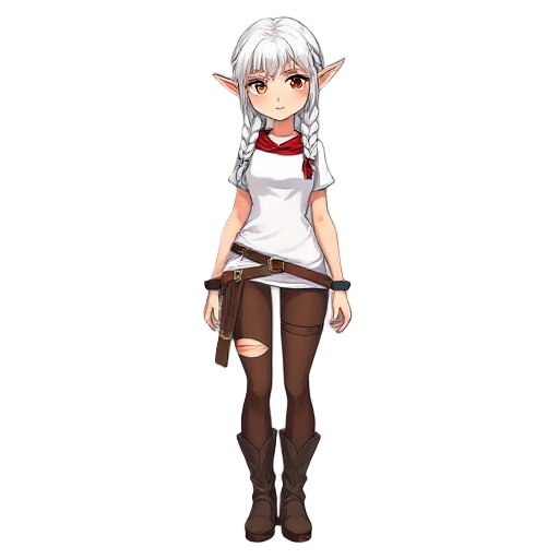 female with white hair with two long braids wrapped with a red ribbon,elfian ears, white t-shirt,torn brown leggings, high boots
