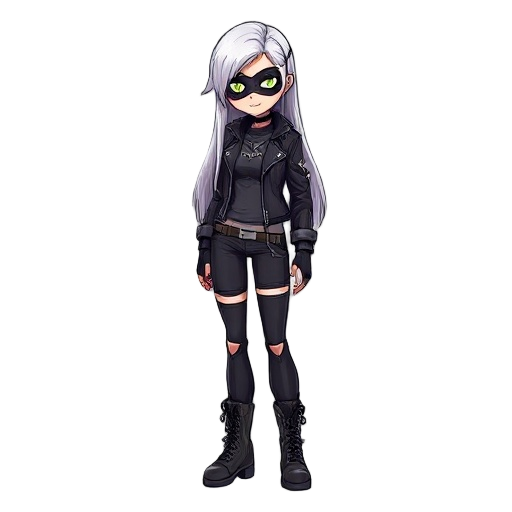 female with white long hair, and mask on the face,leather jacket,torn leggings, high boots