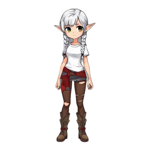 female with white hair with two long braids wrapped with a red ribbon,elfian ears, white t-shirt,torn brown leggings, high boots