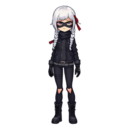 female with white hair with two long braids wrapped with a red ribbon, and mask on the face,leather jacket,torn leggings, high boots