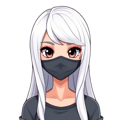 female with white long hair, and mask on the face