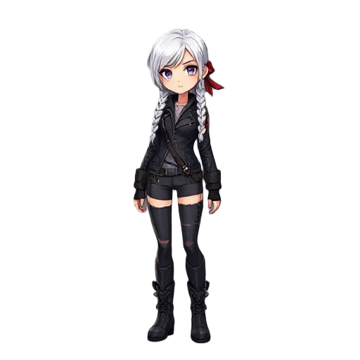female with white hair with two long braids wrapped with a red ribbon, leather jacket,torn leggings, high boots