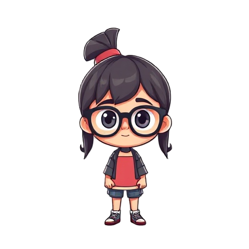 generate a tomboyish 2d look girl wearing glasses for a game
