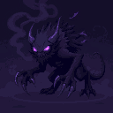 create a 2d pixel art enemy for rpg maker mz. a shadow beast with glowing purple eyes, black smoke trailing off its fur, and long clawed limbs. color theme: deep blacks, grays with violet highlights