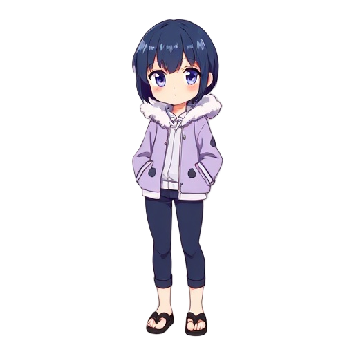 a shy anime girl with pale lavender eyes and short dark blue hair styled in a hime cut. she wears a light lavender hooded jacket with white fur lining, navy blue pants, and black ninja sandals. her ex