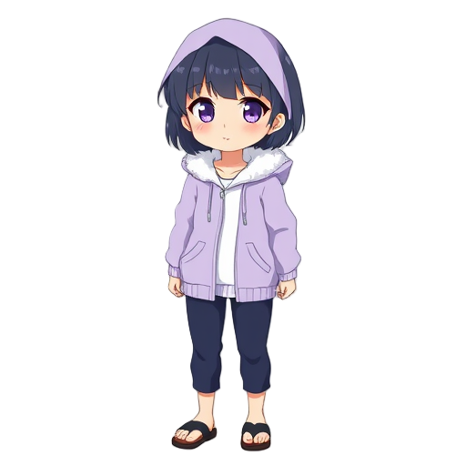 a shy anime girl with pale lavender eyes and short dark blue hair styled in a hime cut. she wears a light lavender hooded jacket with white fur lining, navy blue pants, and black ninja sandals. her ex