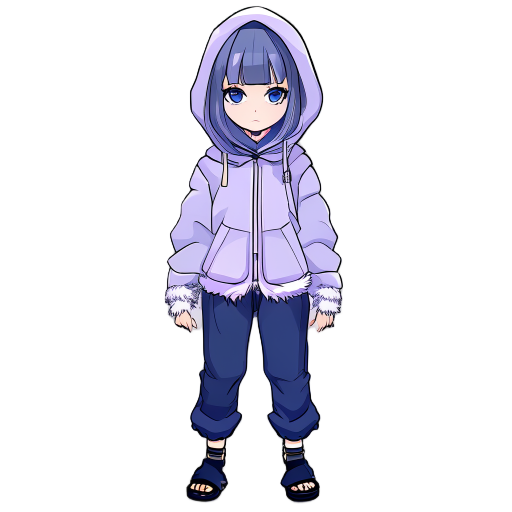 a shy anime girl with pale lavender eyes and short dark blue hair styled in a hime cut. she wears a light lavender hooded jacket with white fur lining, navy blue pants, and black ninja sandals. her ex
