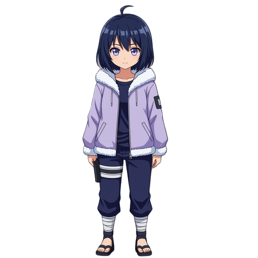 a shy anime girl with pale lavender eyes and short dark blue hair styled in a hime cut. she wears a light lavender hooded jacket with white fur lining, navy blue pants, and black ninja sandals. her ex