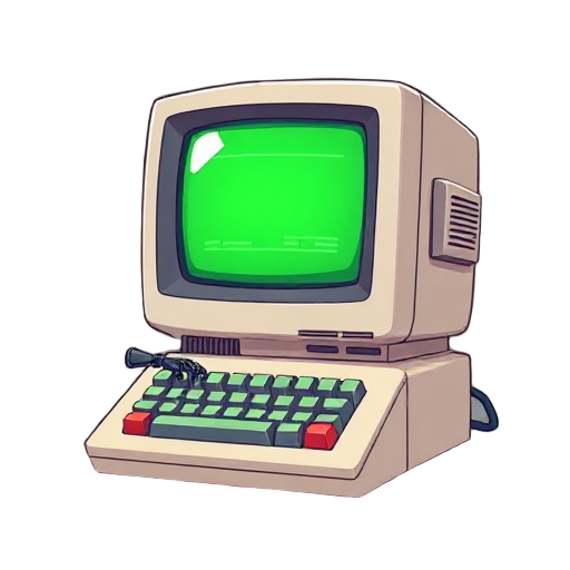 a chunky retro computer with a green-glow crt screen. tiny robot arms typing on a clacky keyboard that’s part of its base. the screen might flash a bit or show lines of “code” flickering. smooth loopi