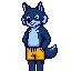 dark blue wolf with light blue and wearing yellow shorts