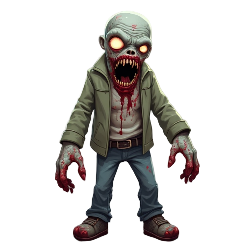 a realistic zombie character, having disheveled clothes and rotting flesh sunken eyes and blood around the mouth and hands drawn from his victims