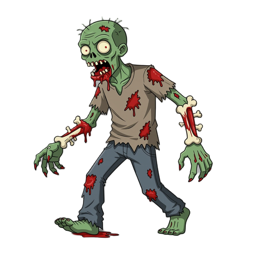 a humanoid zombie creature walking on 4 limbs, the two front limbs are excruding bones covered in blood and rotting flesh, fresh blood covering his mouth and front limbs from his victim.  