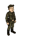 an ordinary man who found himself in a post-apocalyptic world, wearing a tall military uniform in a pixelated style and an isometric view of the characters like fallout.