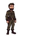 an ordinary man who found himself in a post-apocalyptic world, wearing a tall military uniform in a pixelated style.