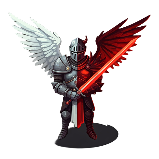 medieval knight with an angel side and a demon side, with a 2 handed red sword in its hands