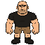 a muscular man, with a bald head and a 5 o’clock shadow, black t shirt, tan shorts, and black boots