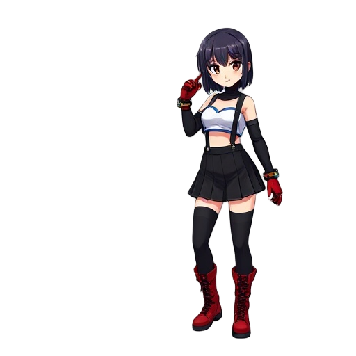 girl dark hair, a white crop top with blue trim, black pleated mini skirt, black suspenders, red gloves with white accents, black thigh-high socks, and red combat boots. standing in a combat pose, 3/4 view, jrpg style, crisp pixel outlines