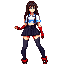 girl long brown dark hair, a white crop top with blue trim, black pleated mini skirt, black suspenders, red gloves with white accents, black thigh-high socks, and red combat boots. standing in a combat pose, 3/4 view, jrpg style, crisp pixel outlines