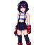 girl dark hair, a white crop top with blue trim, black pleated mini skirt, black suspenders, red gloves with white accents, black thigh-high socks, and red combat boots. standing in a combat pose, 3/4 view, jrpg style, crisp pixel outlines