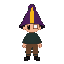 character wears deep purple conical hat with vertical yellow stripe on the front. his skin is light peach tone. the eye is single large white pixel block with a small black pupil, positioned near the front of the face. his outfit is dark green, long-sleev