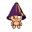 the character wears a deep purple conical hat with a vertical yellow stripe on the front. his skin is a light peach tone, with distinct blocky pixels forming his nose, ear, and jawline. the eye is a single large white pixel block with a small black pupil,