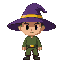 character wears deep purple conical hat with vertical yellow stripe on the front. his skin is light peach tone. the eye is single large white pixel block with a small black pupil, positioned near the front of the face. his outfit is dark green, long-sleev