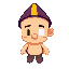 the character wears a deep purple conical hat with a vertical yellow stripe on the front. his skin is a light peach tone, with distinct blocky pixels forming his nose, ear, and jawline. the eye is a single large white pixel block with a small black pupil,