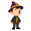 character wears deep purple conical hat with vertical yellow stripe on the front. his skin is light peach tone. the eye is single large white pixel block with a small black pupil, positioned near the front of the face. his outfit is dark green, long-sleev